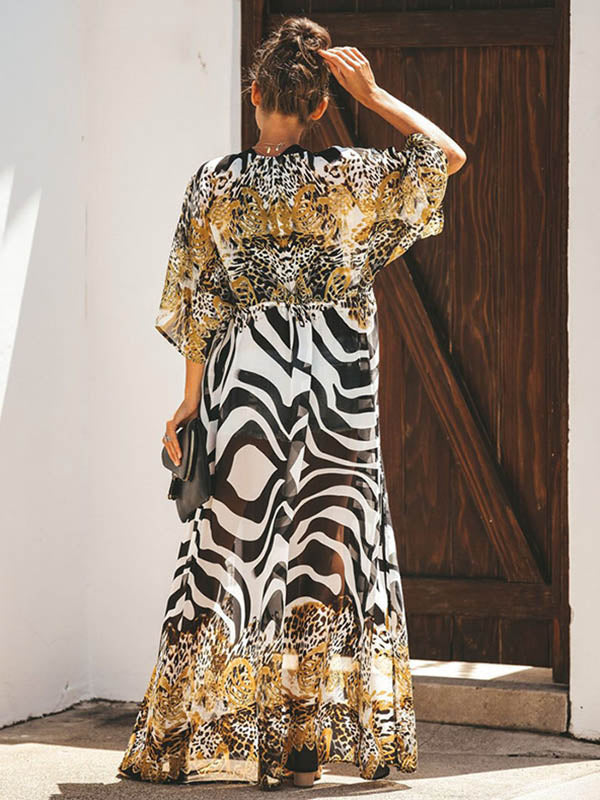 Chiffon Leopard&Zebra Short Sleeve Loose Cardigan Cover-Up Swimwear