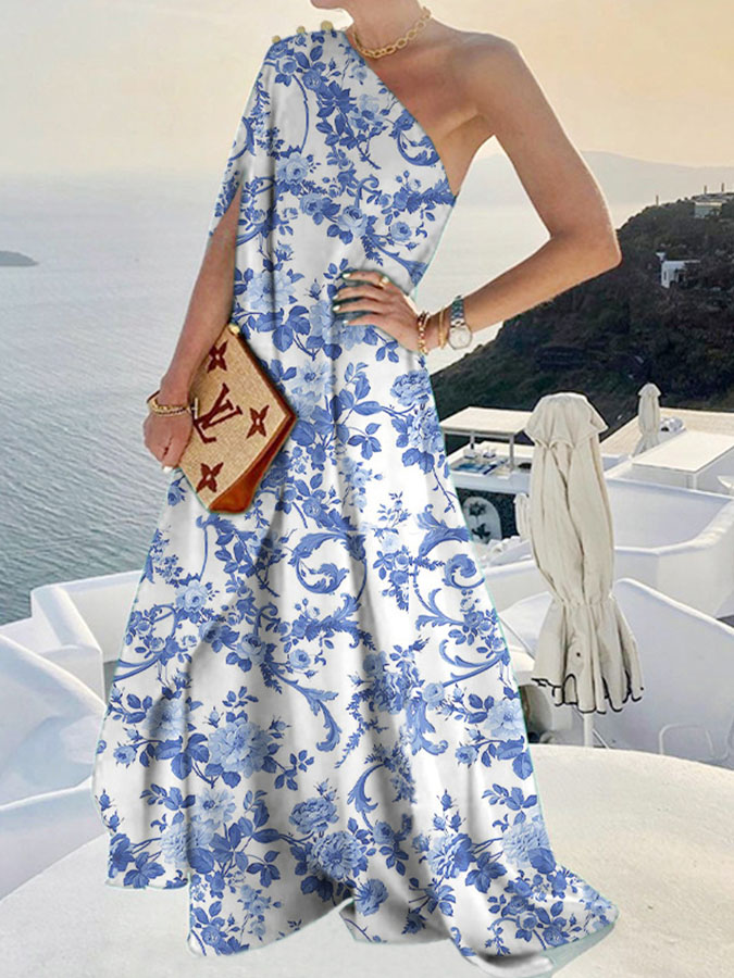 Stylish and Elegant Solid Color Loose One-shouldered Maxi Dress