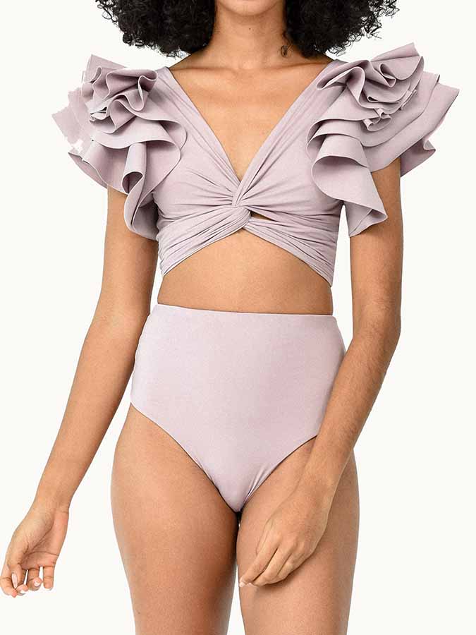 Solid Ruffle V-Neck Bikini