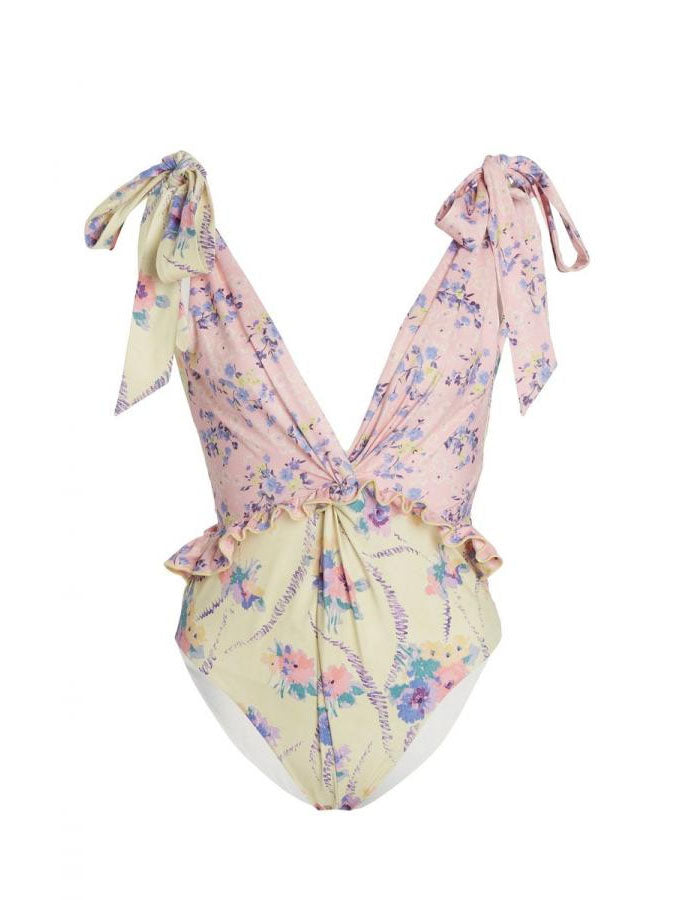Printed Lace-Up One Piece Panel Swimsuit