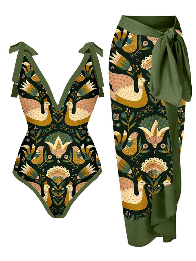 Vintage Print Tie One Piece Swimsuit