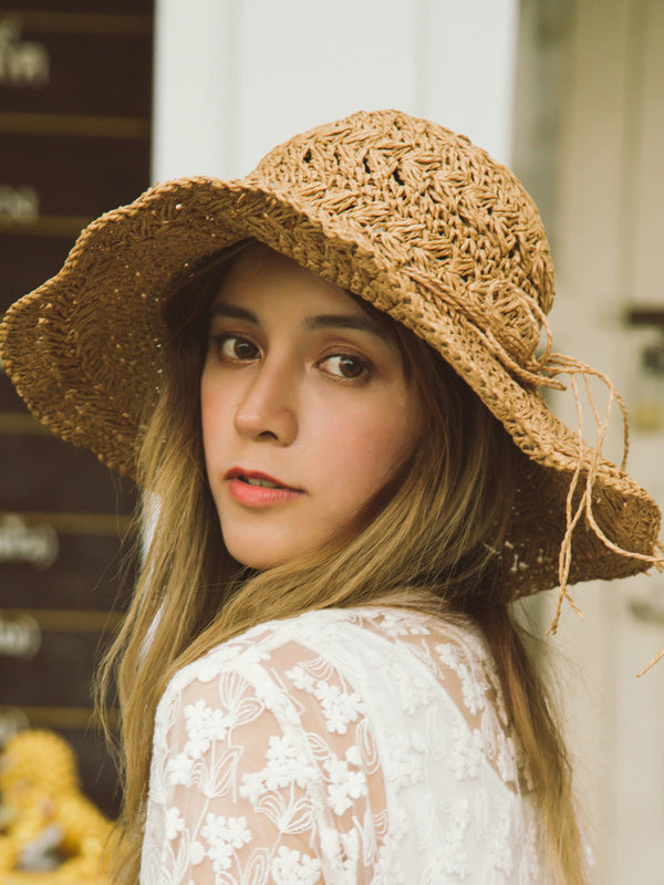 Sunscreen Solid Color Straw Woven Hollow Breathable Foldable Hat