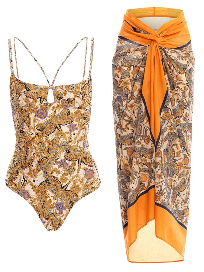 Printed Cutout Chic One Piece Swimsuit and Cover-Up