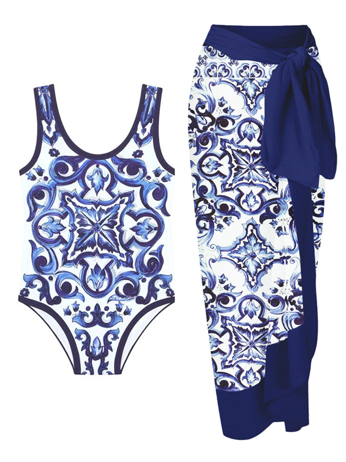 Fashion Vintage Print One Piece Swimsuit and Cover Up