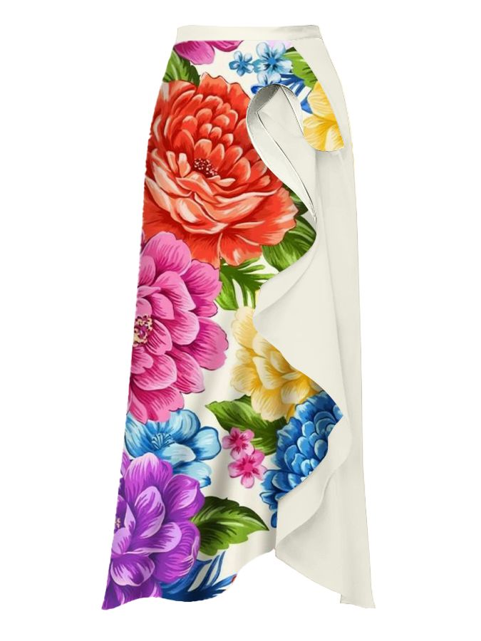 Ruffled Deep V Floral Print One-Piece Swimsuit and Skirt