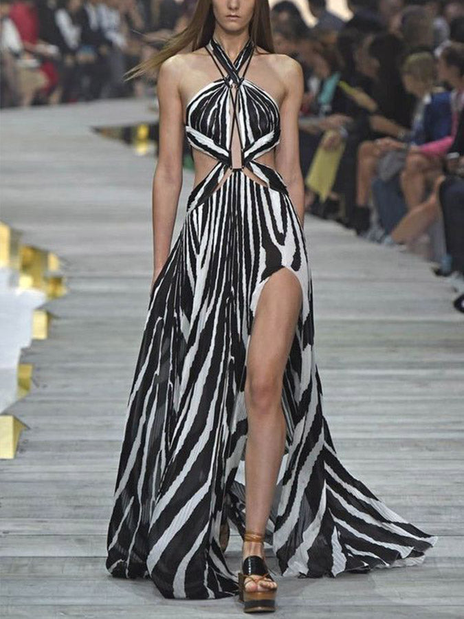 Fashion Colorblock Zebra Print Backless Sexy Bikini Beach Dress