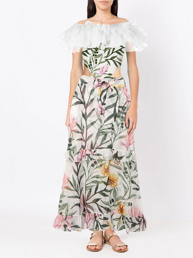 Ruffle One Shoulder Floral Printed Swimsuit and Skirt