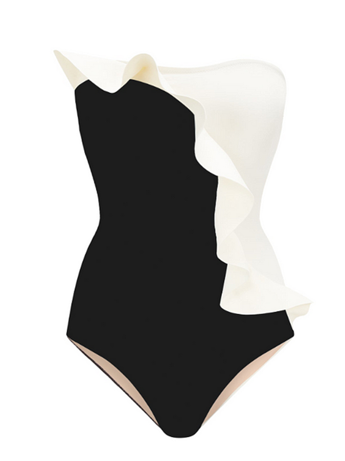 Off Shoulder Color Block One Piece Swimsuit and Skirt