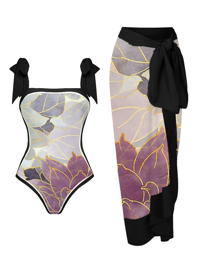 Geometric Color Block Print Reversible One Piece Swimsuit And Cover up