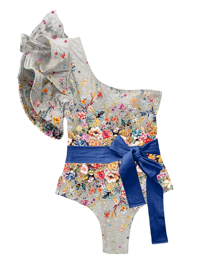 Ruffled Floral Print Colorblock One-Piece Swimsuit and Cover-up