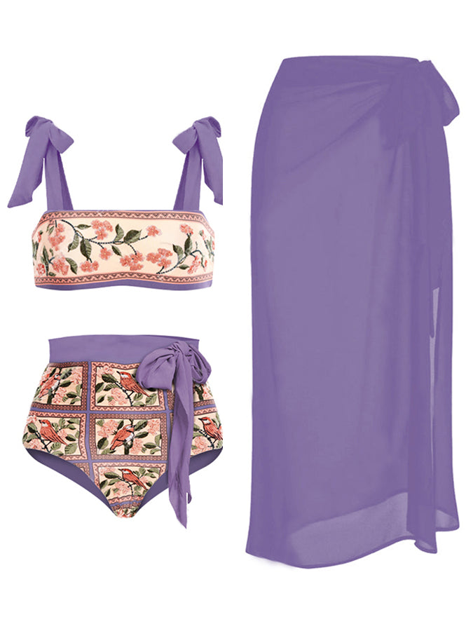 Fashion Flower Embroidered Print Bikini and Cover Up