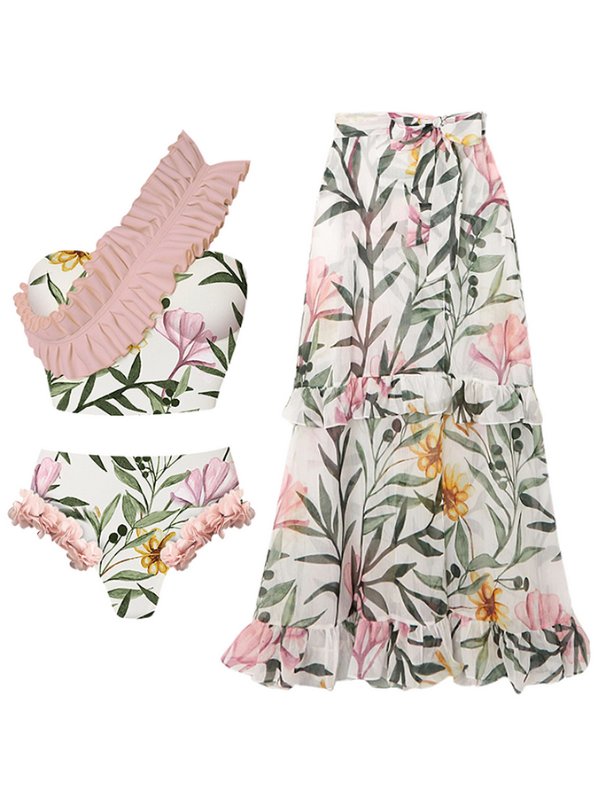 Ruffle One Shoulder Floral Printed Swimsuit and Skirt