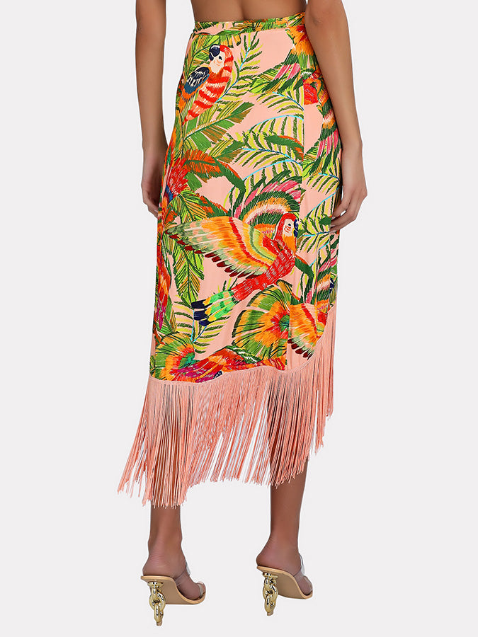 Vintage One-Shoulder Embroidered Print Bikini And Fringe Skirt