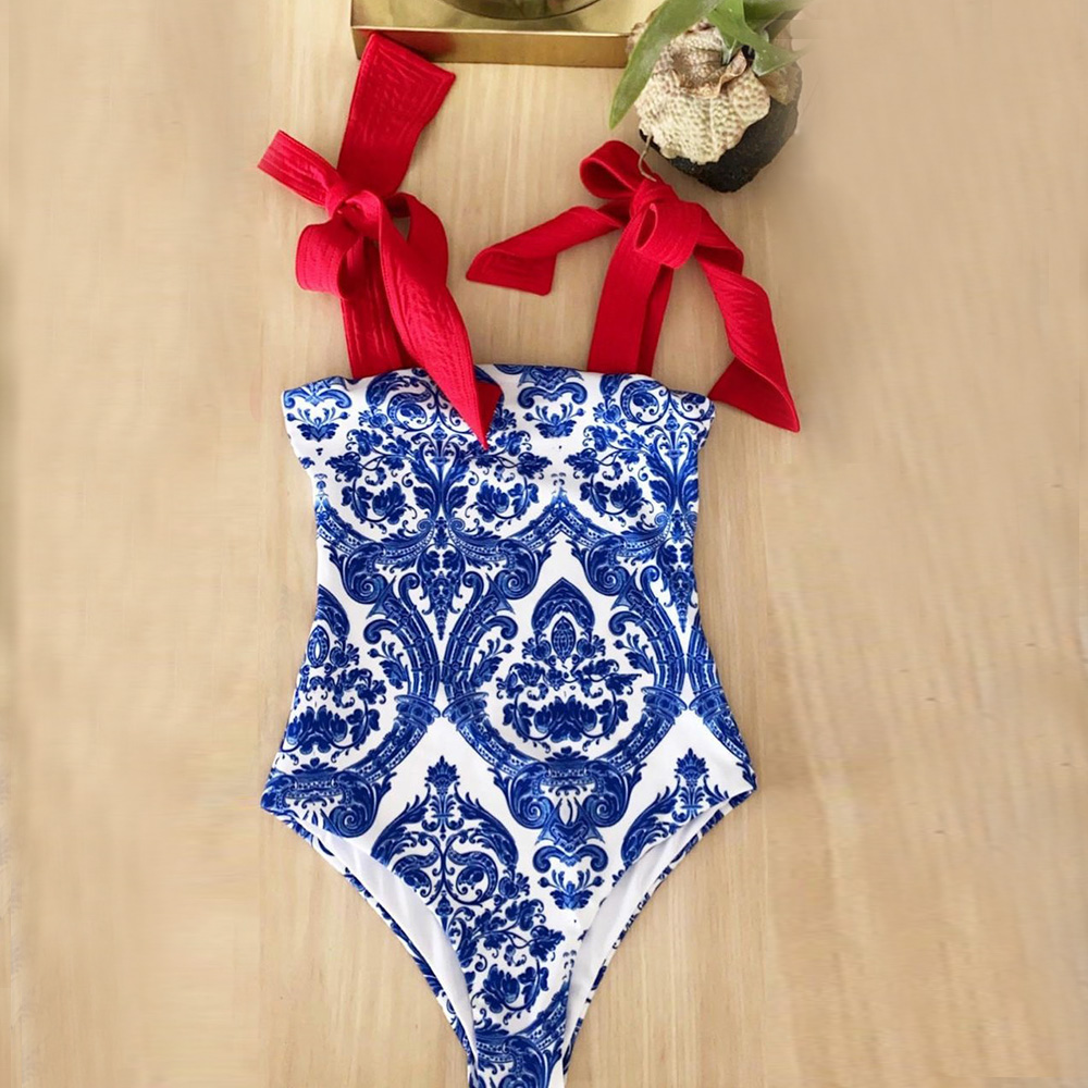 Tie-detailed Delft Blue One Piece Swimsuit