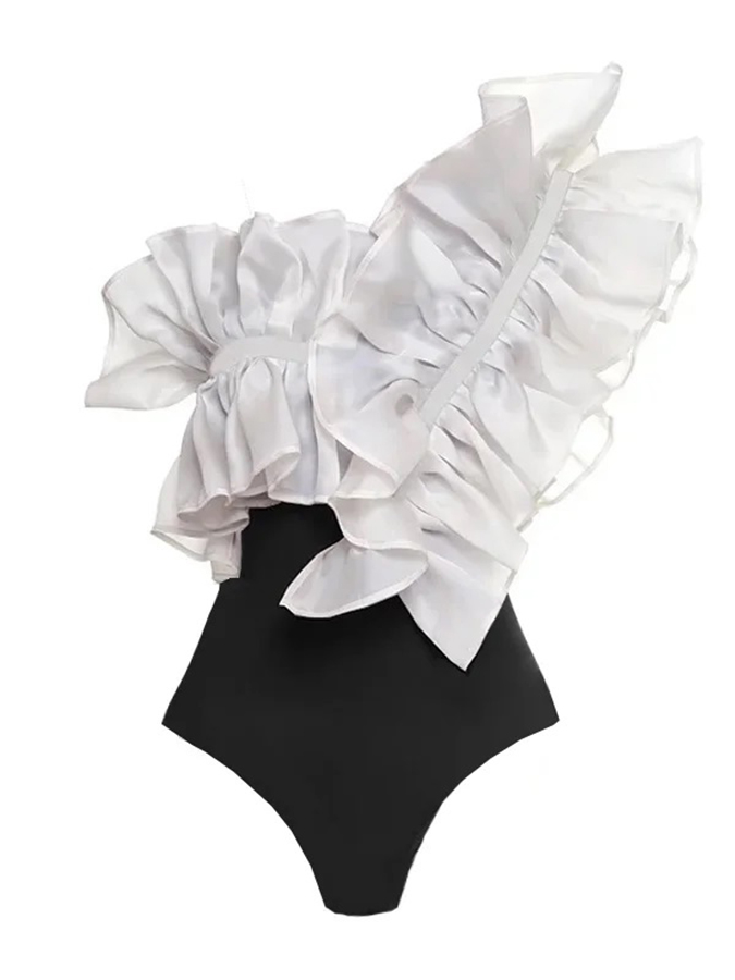 One shouder Ruffle Stitching One Piece Swimsuit and Cover-up