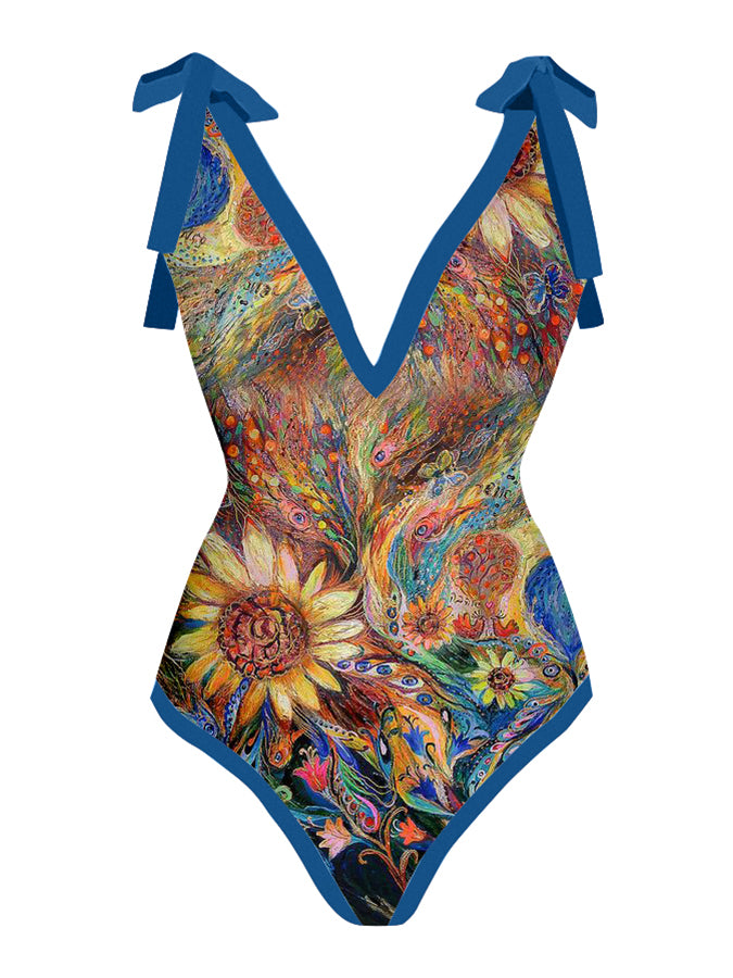 Vintage Abstract Print One Piece Swimsuit Set
