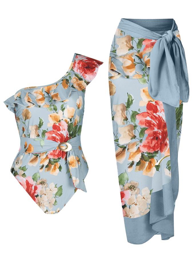 One-shoulder Ruffle Floral Print Swimsuit and Cover Up