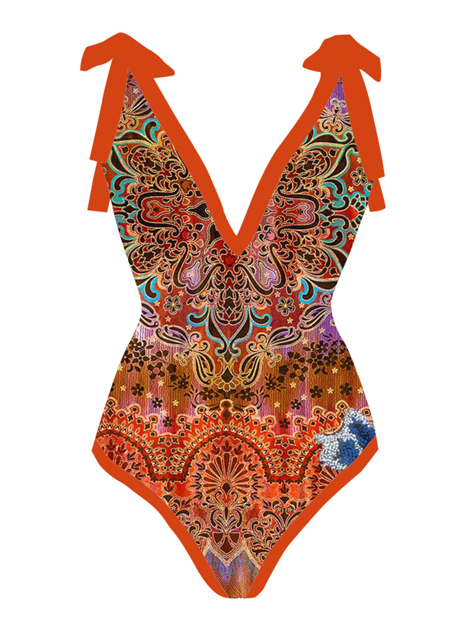 Vintage Print One Piece Swimsuit and Cover Up