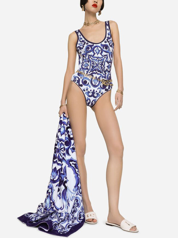 Fashion Vintage Print One Piece Swimsuit and Cover Up