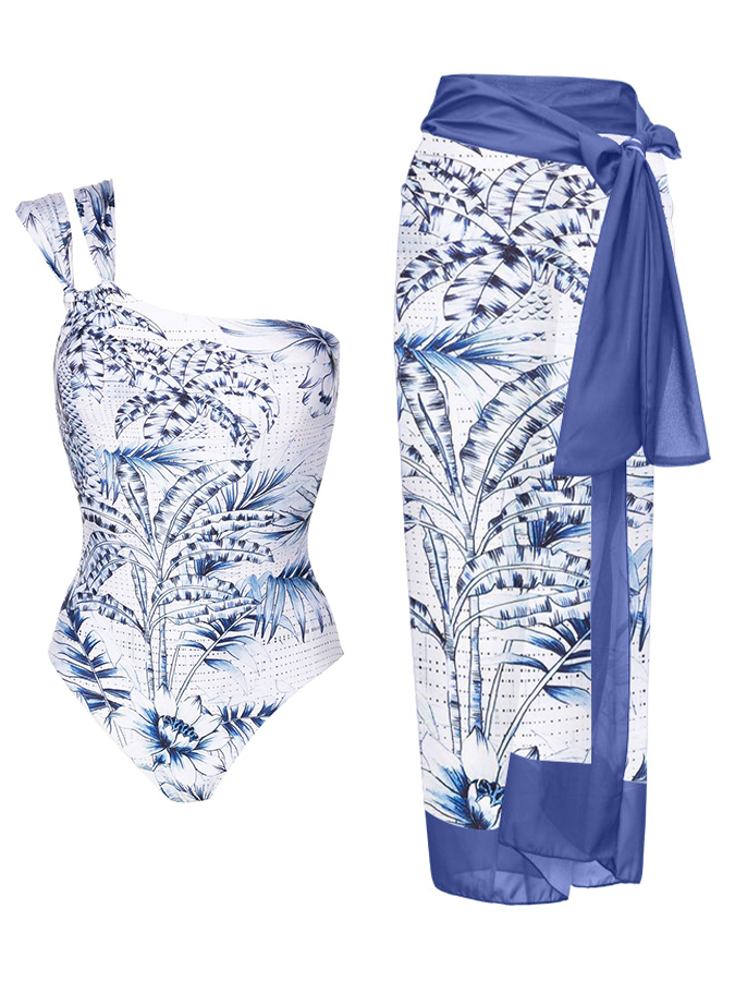 One Shoulder Blue Print One Piece Swimsui