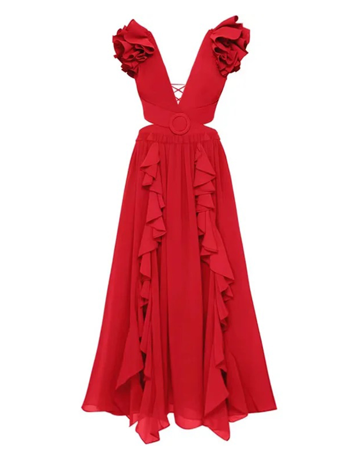 Deep V Red Cutout One Piece Swimsuit and Skirt