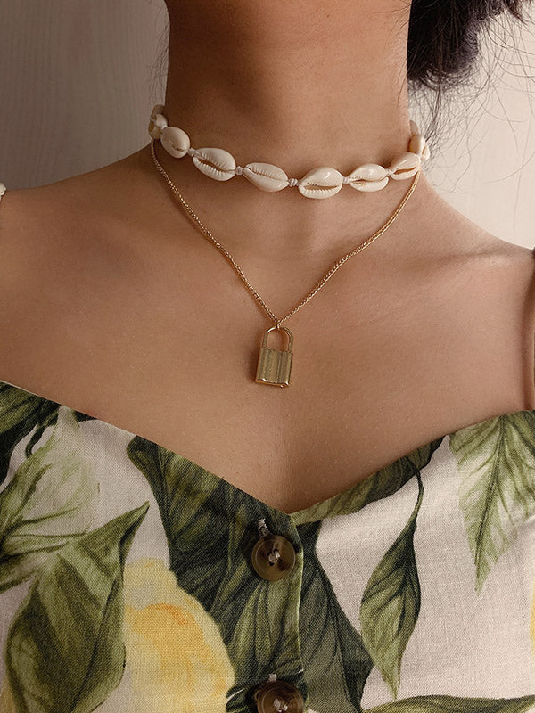 Fashion Mix And Match Shell Lock Double-Layer Necklace
