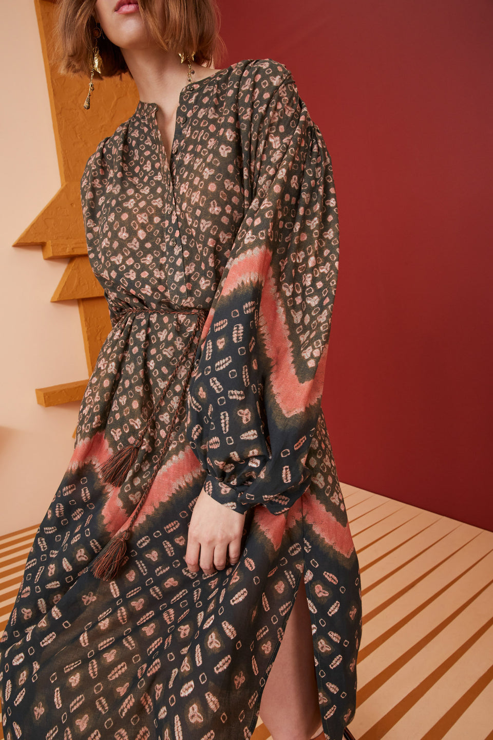 Chiffon Print Bikini Set and Long Sleeve Dress