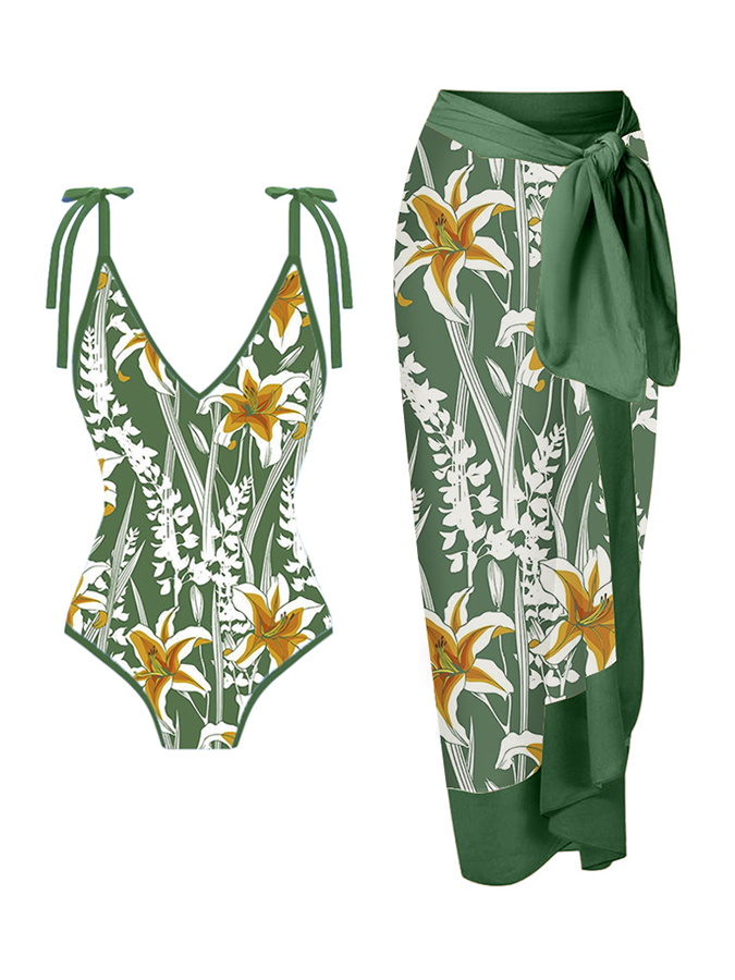Floral Print One Piece Swimsuit and Cover Up