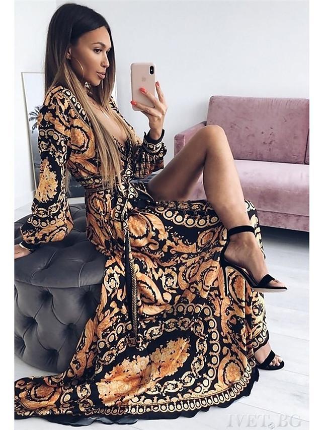 Women Retro Dresses Bohemian Floral Print Gold Color Deep V Neck Maxi Dress