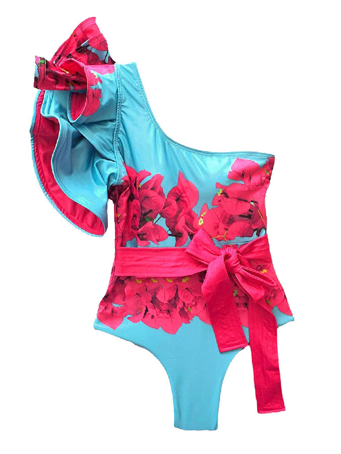 Fashion Floral Print Ruffle Colorblock One-Piece Swimsuit