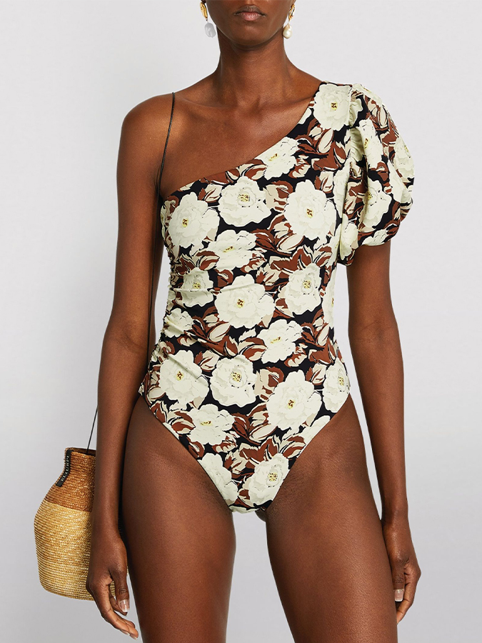 One-Shoulder Puff Sleeve Floral Print One-Piece Swimsuit and Cover-up