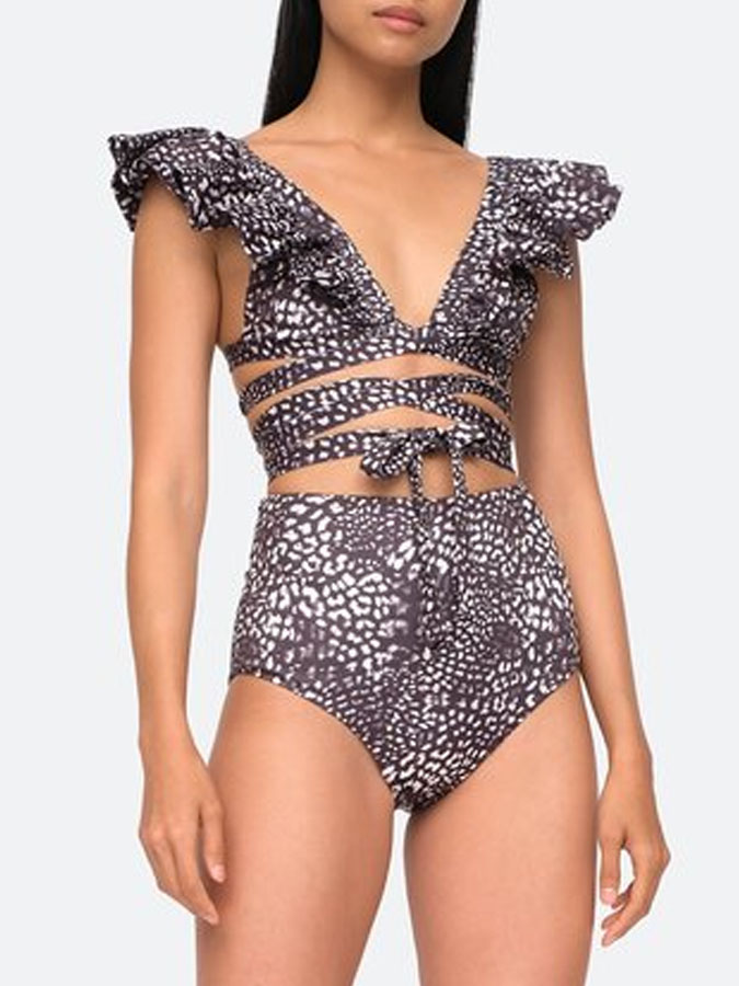 V Neck Print Ruffle Swimsuit