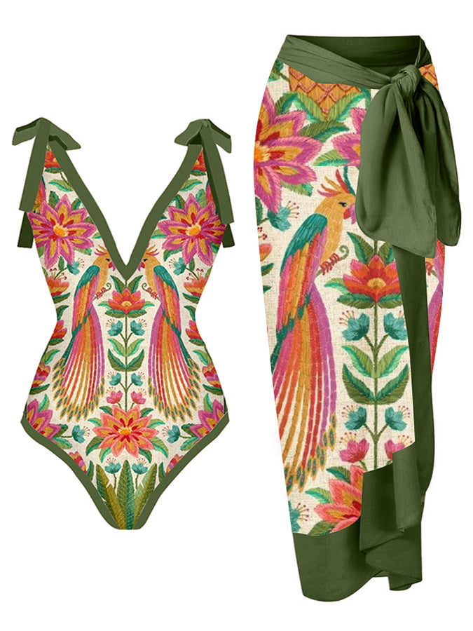 Vintage V-Neck Animal Print One-Piece Swimsuit 