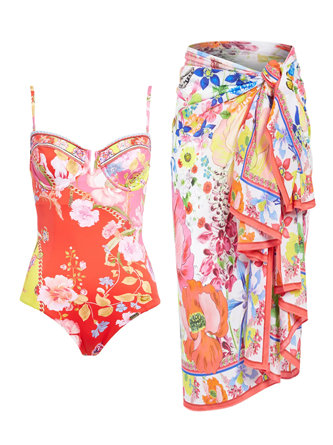 Vintage Floral Print One Piece Swimsuit And Cover up