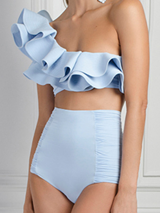 One-shoulder Ruffled Solid Bikini
