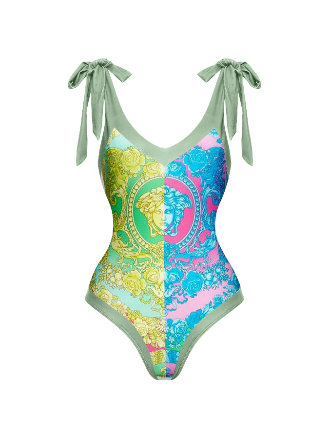 Panel Print Lace Up One Piece Swimsuit