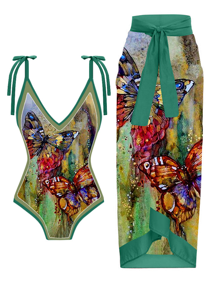 Vintage V-Neck Butterfly Print One-Piece Swimsuit Set