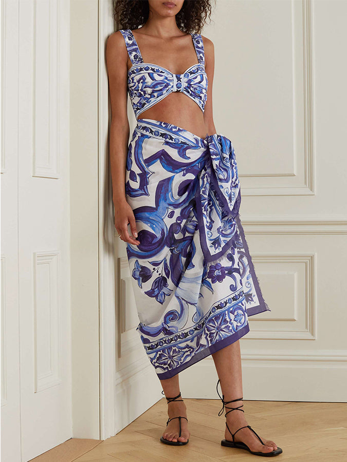 Fashion Vintage Print Bikini Swimsuit Set And Skirt