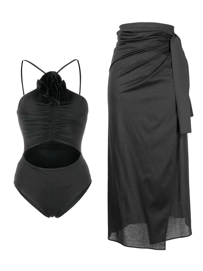 Plain Wrap Rose Embellished One Piece Swimsuit And Cover Up