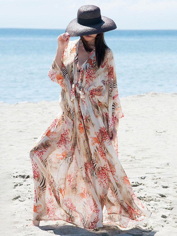 Chiffon Printed Loose Thin Cardigan Vacation Cover-Up Swimwear