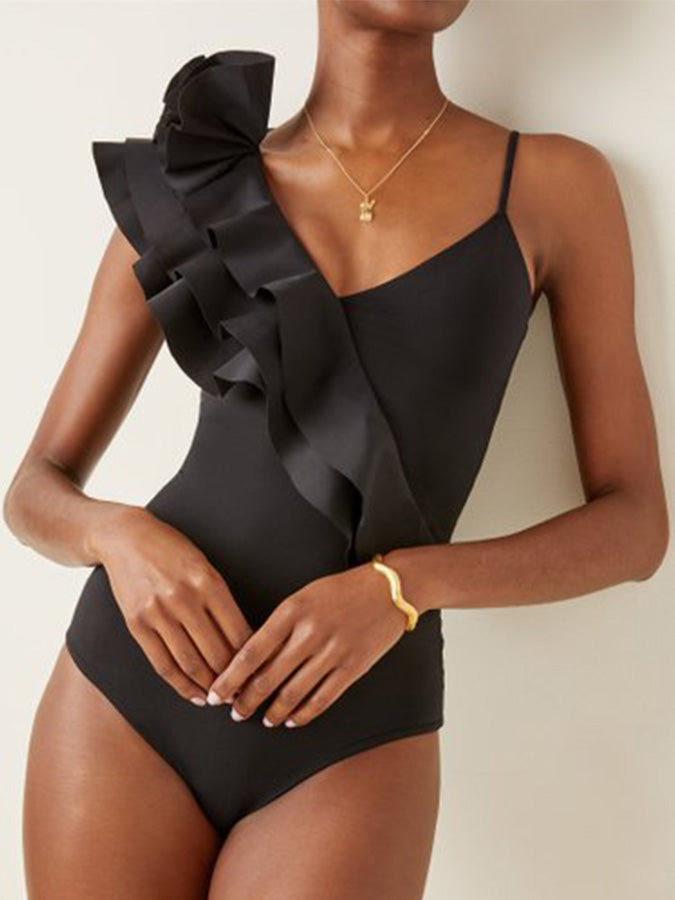 Ruffled Solid Color One-Piece Swimsuit