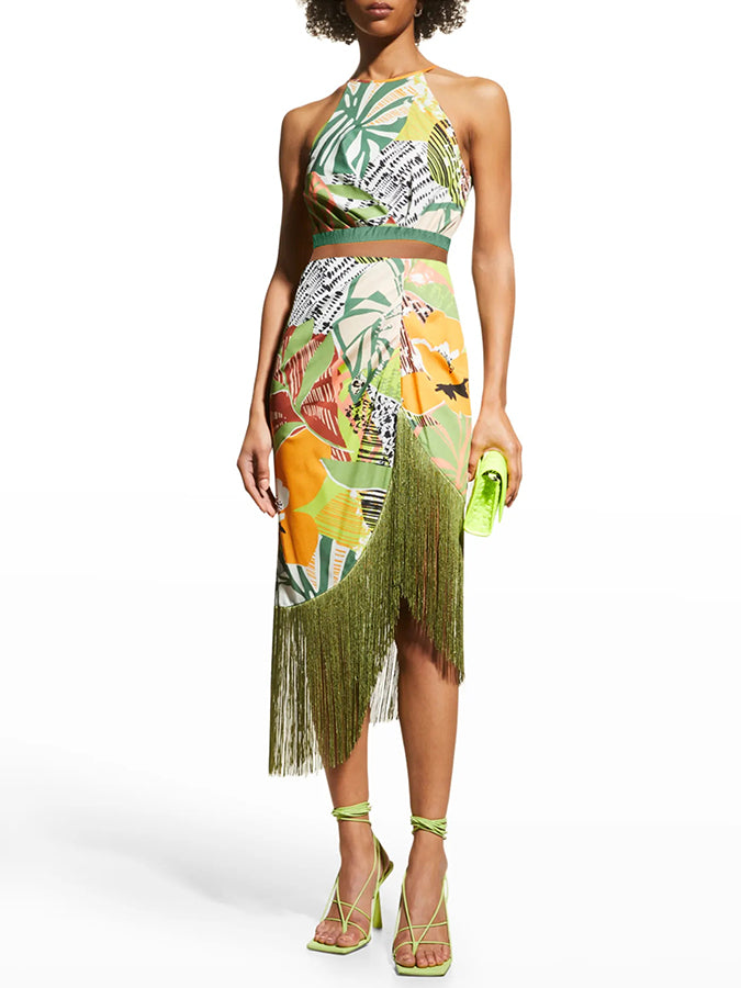 Fashion Vintage Floral Print Fringe Swimsuit And Skirt