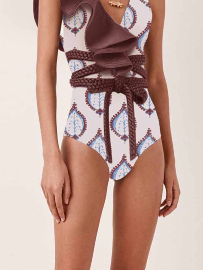Ruffled Colorblock Print Swimsuit