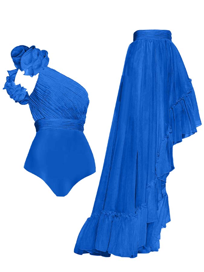 Solid Color One-Shoulder Wood Ear Trim One-Piece Swimsuit