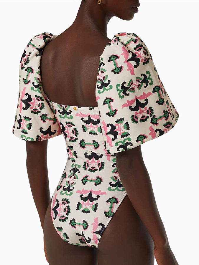 Print Twisted Flower Puff Sleeve Swimsuit