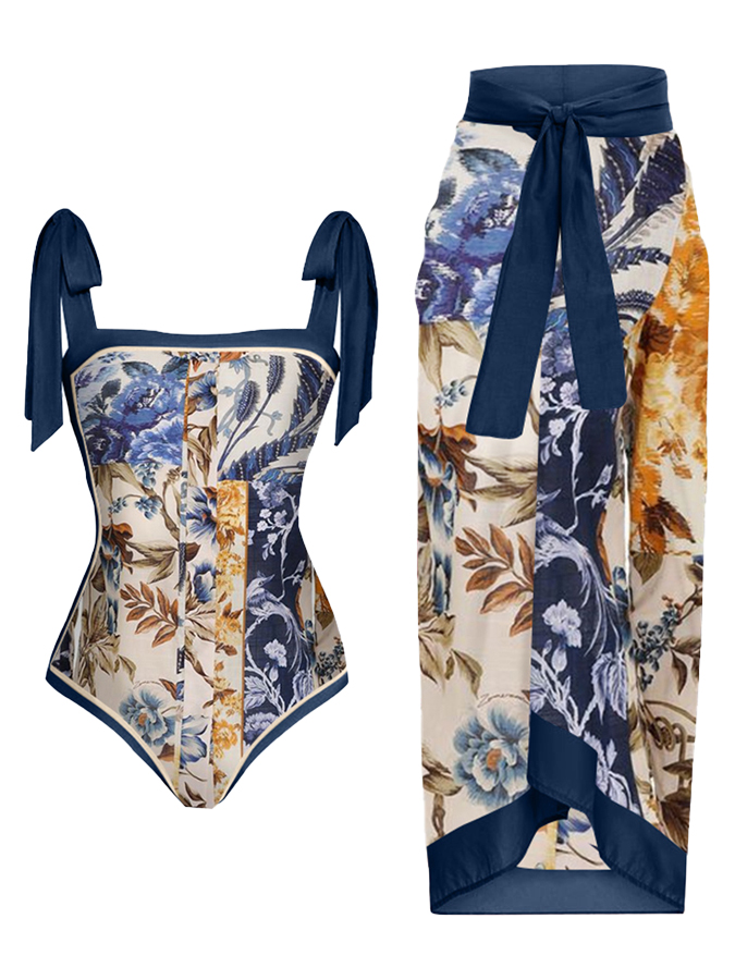 Vintage Colorblock Floral Print One-Piece Swimsuit and Cover-up