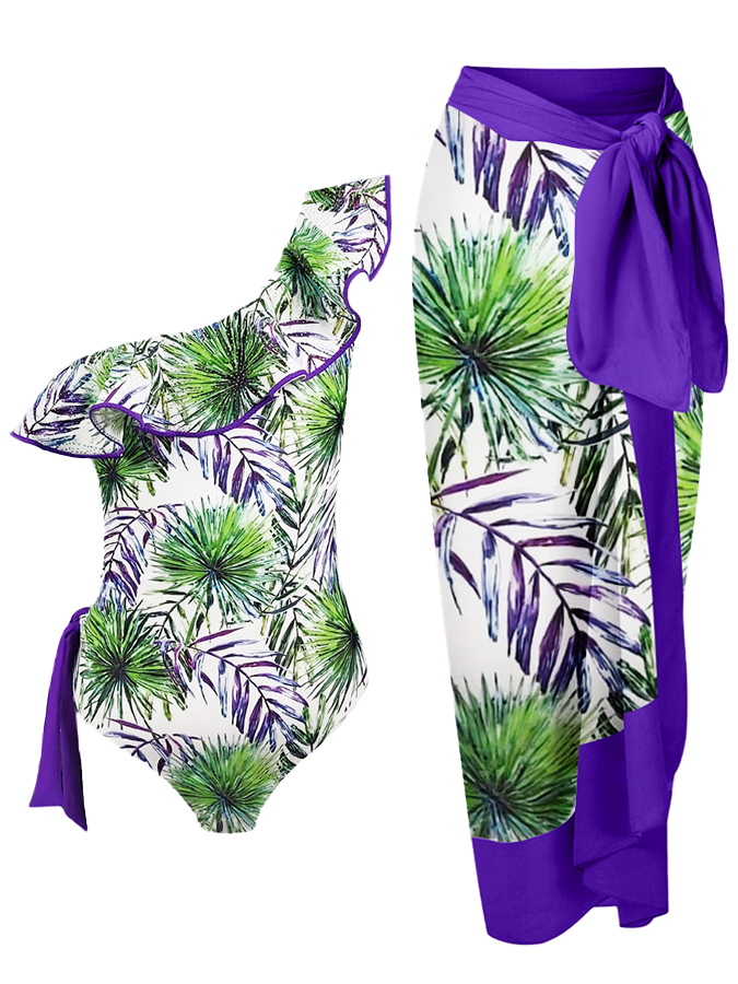 One-shoulder Ruffled Colorblock Printed Swimsuit and Cover-up