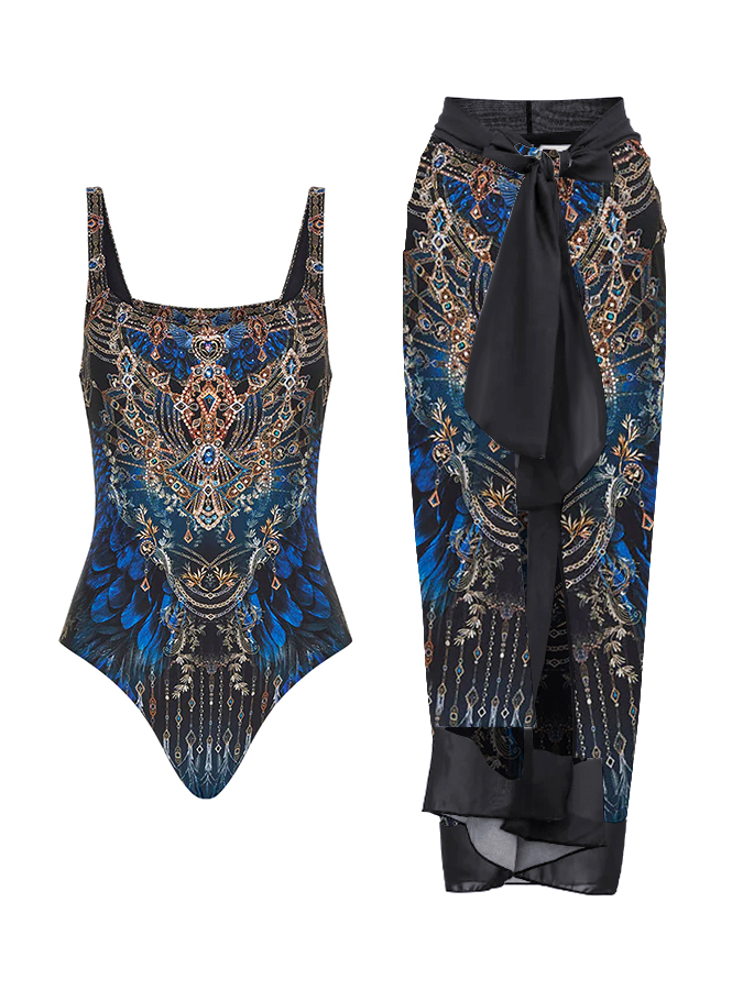 Vintage Court Feather Print One Piece Swimsuit And Cover up