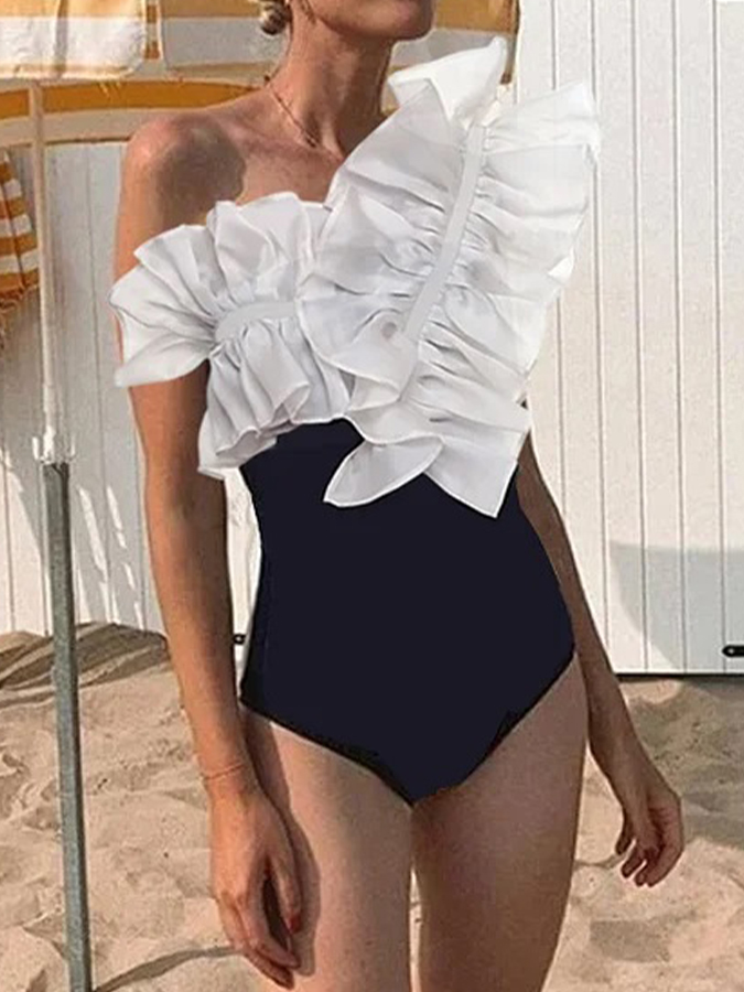 One shouder Ruffle Stitching One Piece Swimsuit and Cover-up
