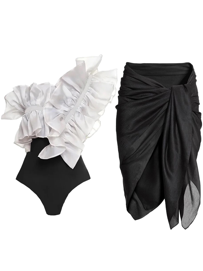 One shouder Ruffle Stitching One Piece Swimsuit and Cover-up